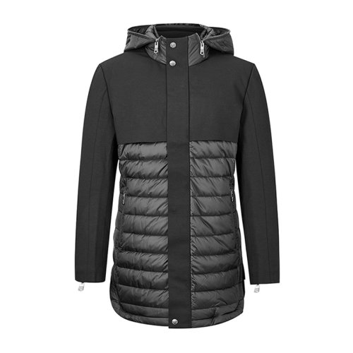 男士羽绒服 黑色拼接时尚加厚保暖连帽男士羽绒服青蛙男装