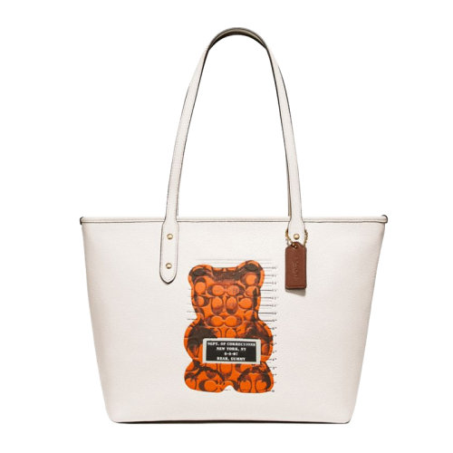 coach/蔻驰女包 女士小熊印花白色皮质敞口手提单肩包托特包购物袋 f7