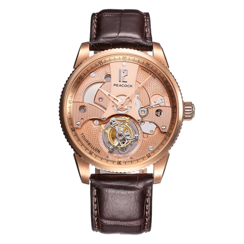 peacock/孔雀 钢壳陀飞轮手表男机械表潮陀 p501t-1玫瑰金