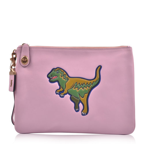 "瑕疵折扣"coach/蔻驰 女士粉色牛皮革恐龙卡通贴拉链公文包手拿包