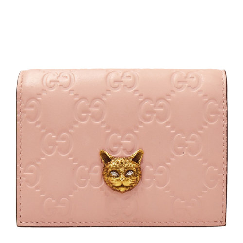 gucci/古驰 20春夏 女士皮质猫头装饰gg压花时尚卡包折叠短款钱包