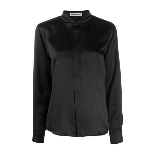 女士长袖衬衫】balenciaga/巴黎世家 女装 服装 黑色丝绸翻领商务休闲