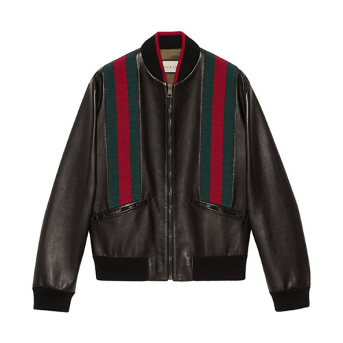 gucci/古驰 20年春夏 饰织带皮革飞行员夹克 男性 男士夹克 593757