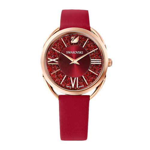 女士红色亮丽耀眼镀玫瑰金色pvd不锈钢表盘真皮表带手表腕表女表