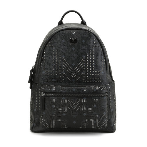 mcm(mcm) #黑色pvc经典logo小铆钉装饰大号双肩包
