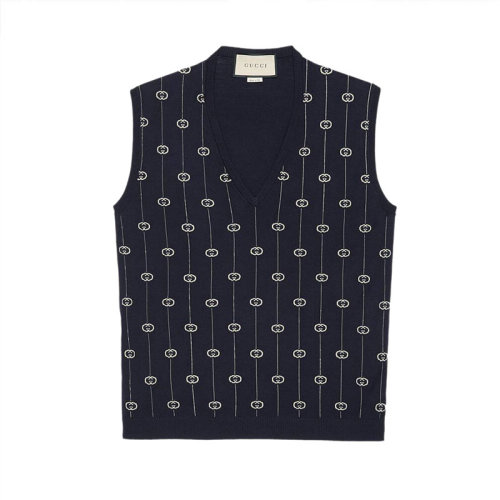 gucci/古驰 古琦男装 互扣式双g印花 男士深蓝色棉质马甲 576903-xk
