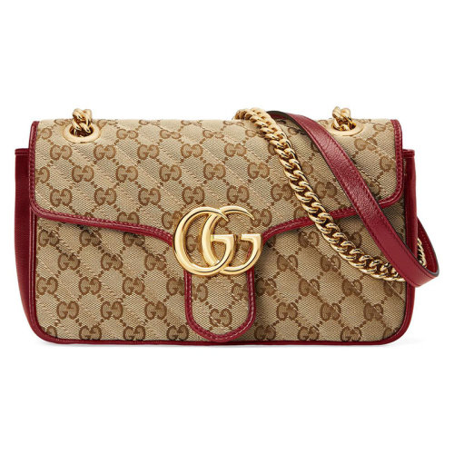 gucci/古驰 女包 gg marmont系列 波浪纹 经典双g 女士棕色链条单肩斜