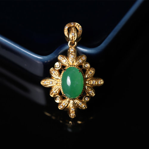 zhangs textiles/绣花张 18k金镶嵌翡翠蛋面吊坠