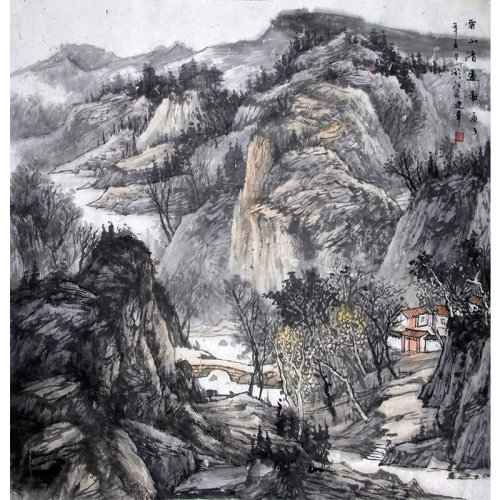 订制/山水画家夏建军 国画山水《云山清远图》/69x69cm/传统水墨