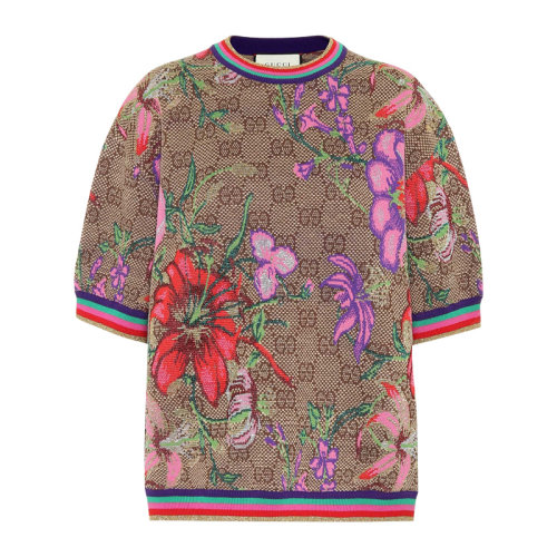 gucci 古驰女装 服装 棕色羊毛gg花卉圆领短袖 女士毛衣