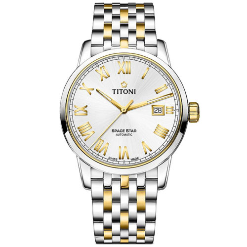瑞士titoni/梅花手表 天星系列自动机械男士腕表 40mm 间金银盘83538