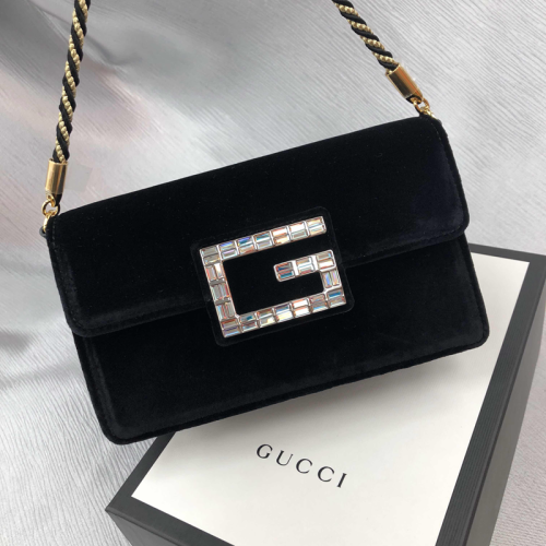 【GUCCI古驰 单肩包】【包税】GUCCI/古驰 女士 斜挎包 方G水晶LOGO 丝绒女包 单肩包 深蓝色 黑色【正品 价格 图片】 - 寺库网