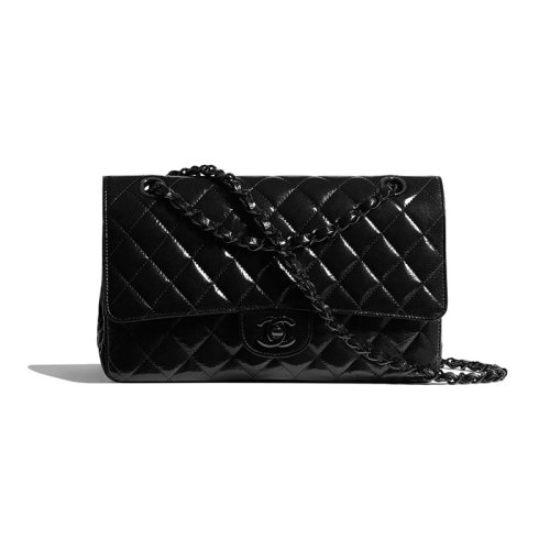 chanel/香奈儿经典口盖包 亮色皱纹小牛皮与黑色金属女士单肩包 a0