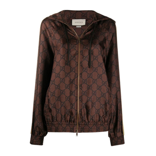 gucci 古驰 女士 服装 棕色老花双袖彩道连帽夹克 女士夹克