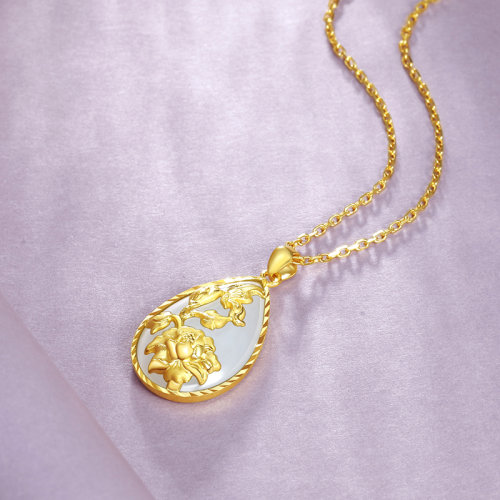laomiaojewelry/老庙黄金足金和田玉挂坠水滴玫瑰项链999纯金时尚轻奢