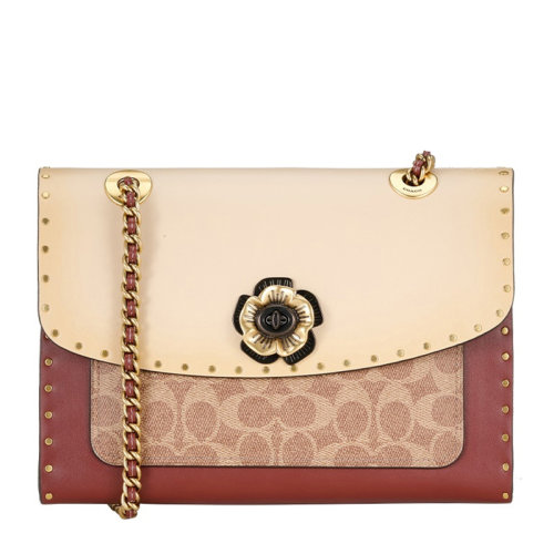 coach/蔻驰【20秋冬新款】parker系列女士米黄saffiano皮革山茶花铆钉