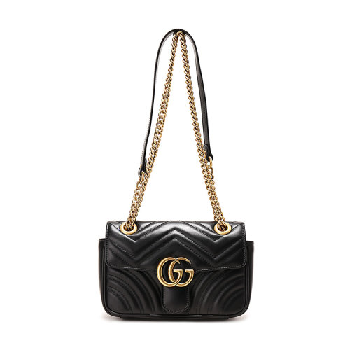 gucci(古驰) 经典款gg marmont系列女士黑色皮质绗缝迷你手袋