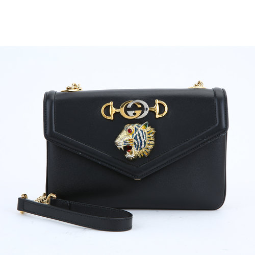 gucci(古驰) #黑色皮质虎头水钻装饰斜挎包