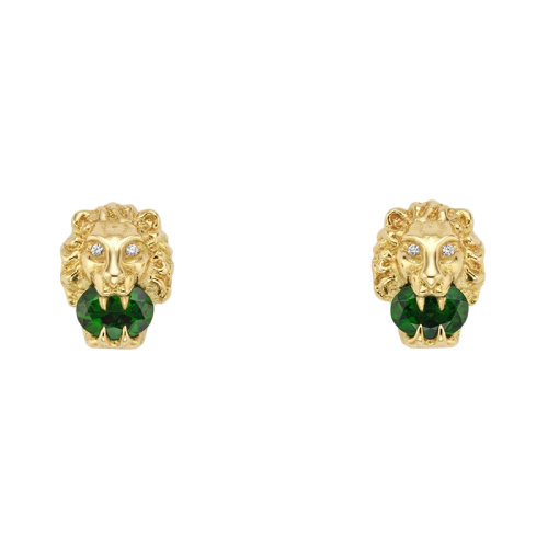 【包税】gucci/古驰 2020新款 镶钻和绿铬透辉石18k金黄金狮子头耳环