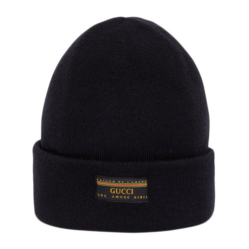 【gucci古驰 帽子】gucci/古驰 男士黑色羊毛前徽标罗纹无檐帽针织帽