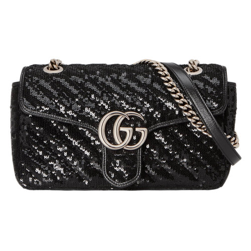 【包税】gucci/古驰 2020新款gg marmont系列 小号丝绸绣有柔和的黑色