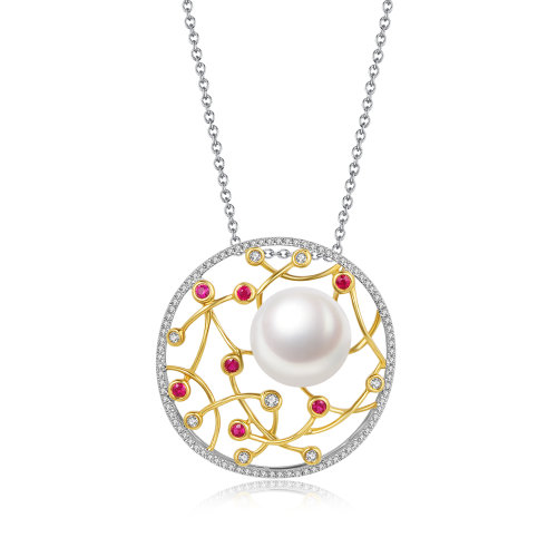 cloris/克劳瑞斯 彩宝 18k澳洲白珍珠镶嵌钻石&红宝石 吊坠12-13mm