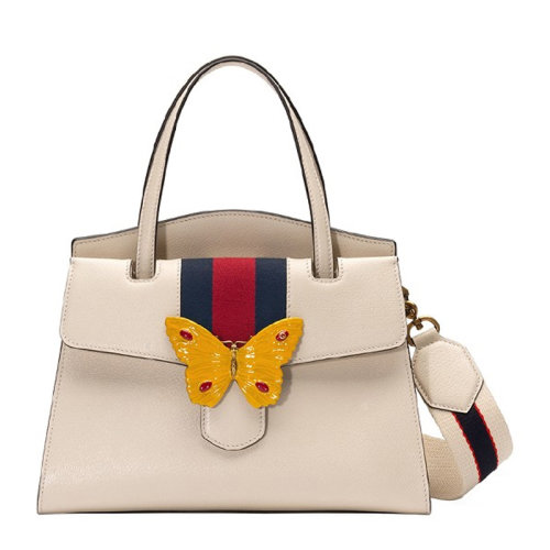 gucci/古驰 女士象牙白色皮革红绿织带装饰蝴蝶元素磁扣开合单肩包
