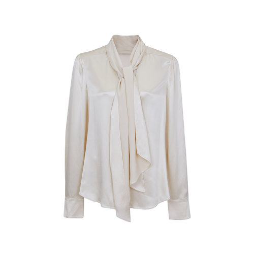 tracy chu/tracy chu香槟色真丝长飘带衬衫女士长袖衬衫