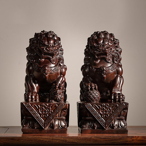 仙源黑檀木雕刻狮子摆件实木一对宫门狮家居客厅办公室装饰红木工艺品
