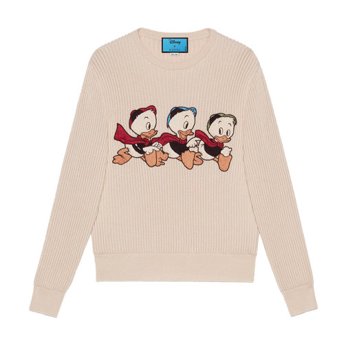 【包税】gucci/古驰 21早春新款女士唐老鸭印花粉色羊毛和棉混纺毛衣