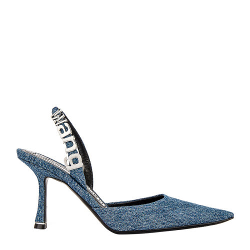 王 女士蓝色牛仔布松紧后跟带银色字母徽标尖头凉鞋高跟鞋女鞋 30c1