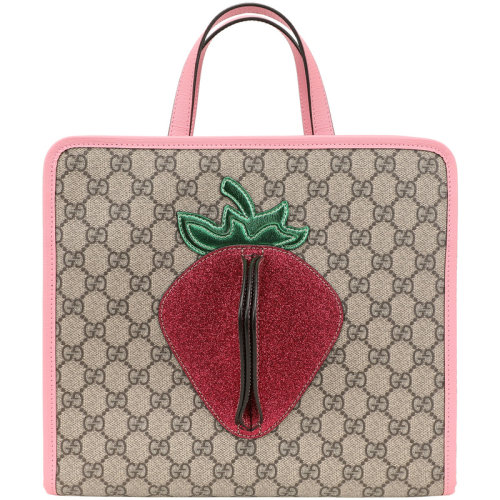 gucci/古驰 【21春夏新款】儿童咖啡色合成革帆布gg草莓托特包 630589
