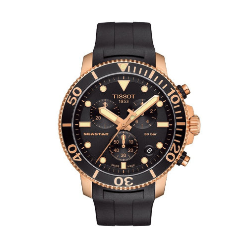 【正品盒装】tissot/天梭 海星系列 黑盘镀 条字刻度 三眼计时 橡胶带