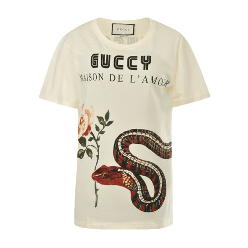 gucci/古驰 女士米白色纯棉字母徽标蛇叼花图案印花圆领套头短袖t恤衫