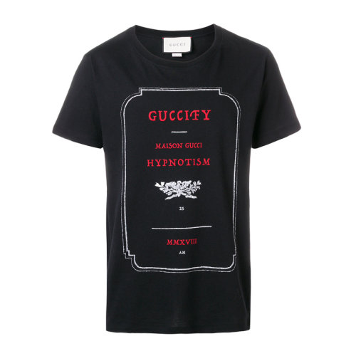gucci/古驰 男士黑色棉质字母徽标印花圆领套头金属风短袖t恤衫