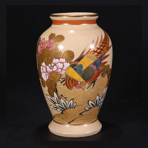 【日本回流-瓷器】萨摩烧描金彩绘花鸟花瓶带木盒趣味收藏摆件wg3545