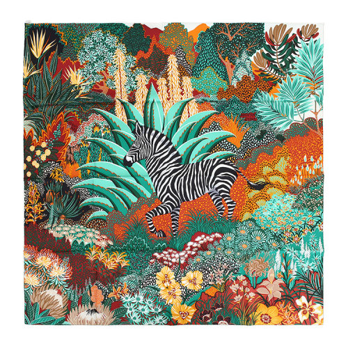 hermes(爱马仕) 绿色系斑马丛林图案丝巾90