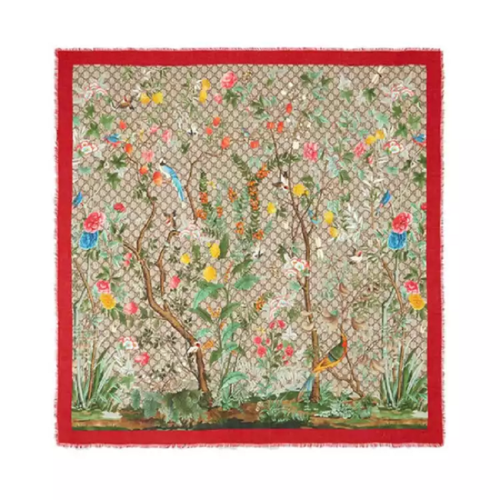 gucci/古驰 女士丝巾花鸟图案红色边头巾方巾