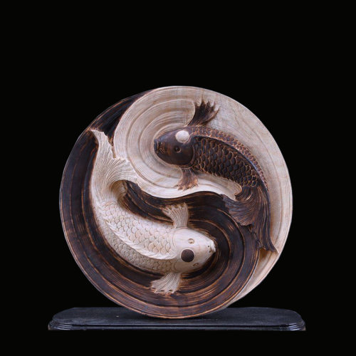 yidingge/熠鼎阁 【太极阴阳鱼】香樟木工艺品 招财风水摆件 木雕工艺