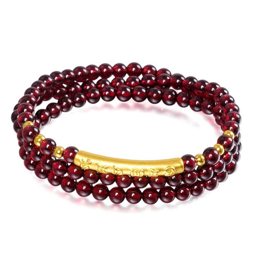 gjy/古金玥 六字箴言 3d硬金999黄金配天然石榴石黄金转运珠手链 送备