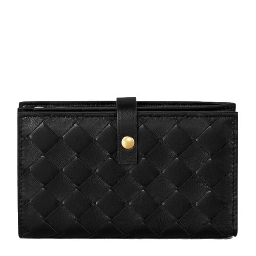 bottega veneta/葆蝶家 女士黑色皮革经典编织款按扣开合钱夹钱包卡包
