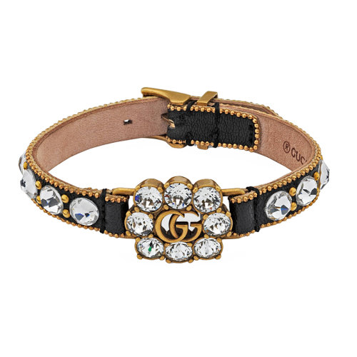 【包税】gucci/古驰 2021年春夏新款 镀金的金属 双g水晶棕色皮革手链