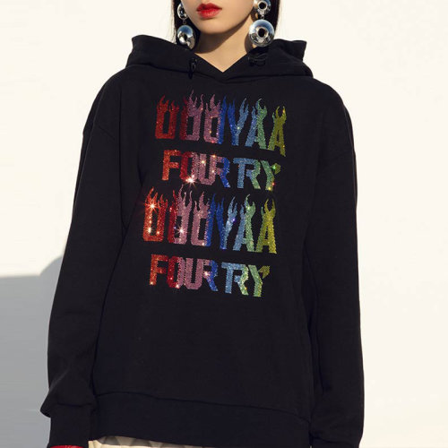 uooyaa/乌丫潮流合伙人fourtry联名款亮钻火焰logo大廓形卫衣女卫衣