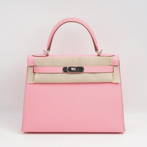 hermes/爱马仕 kelly28 1q奶昔粉银扣y刻epsom牛皮手提包