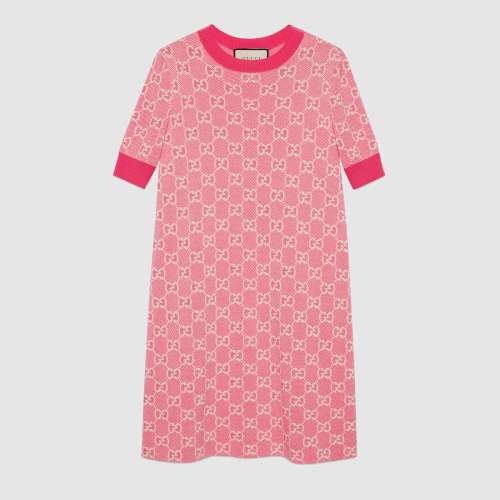 【预售】古驰/gucci gg羊毛混纺珠地棉短款针织短袖连衣裙 粉色