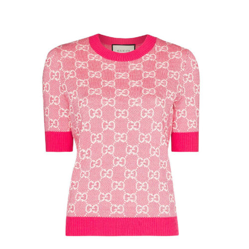 gucci/古驰 女士短袖t恤粉红色gg羊毛混纺上衣针织衫毛衣 629456 xkb