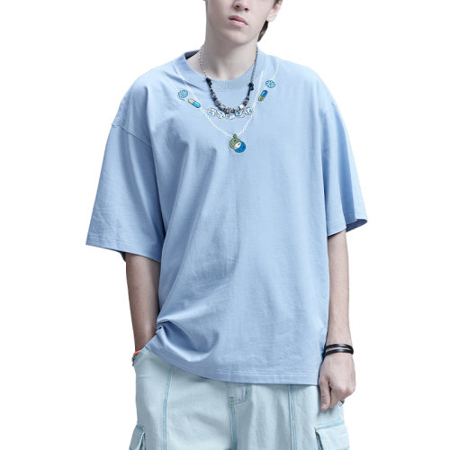 guuka古由卡【21春夏新品】雾蓝色短袖t恤男潮牌学生嘻哈哭笑脸项链