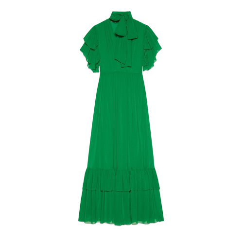 【包税】预订1周 gucci/古驰 2021年新款 女士绿色荷叶纱欧根纱雪纺