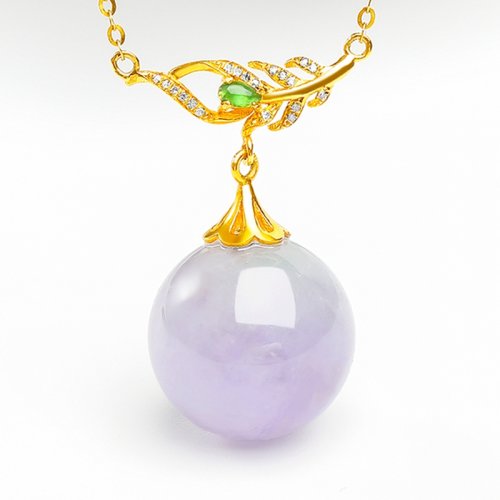 【一叶子】冰糯水润半紫色带绿春带彩18k金镶嵌钻石圆珠天然翡翠套链