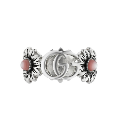 【包税】gucci/古驰 经典925纯银花朵镶嵌粉色珍珠母贝双g复古戒指